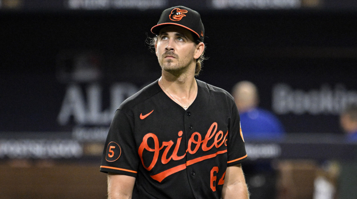Baltimore Orioles pitcher Dean Kremer is relieved in the second inning of Game 3 of the 2023 ALDS.